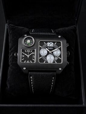 Oulm Black and Silver Multi-Function Men’s Watch with Compass